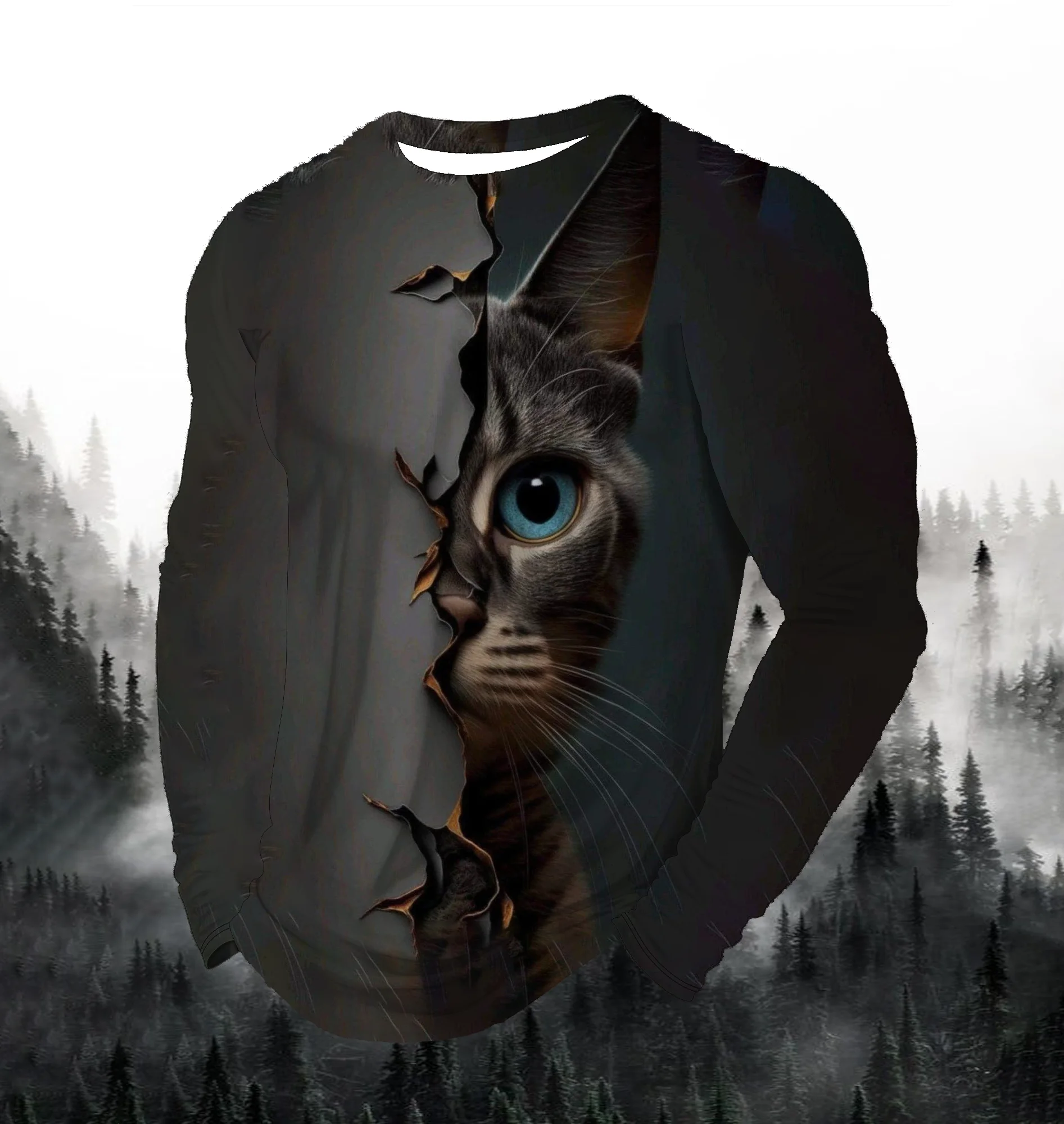 

Visual Kitten Fashion Print Men's T-shirt Fashion Long Sleeve T-shirt Casual Round Neck Street Top Loose Pullover Autumn