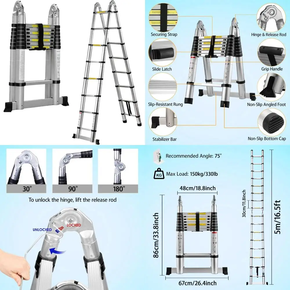 

Aluminum Telescoping Ladder 16.5FT/5M, 2-in-1 Folding A-Frame or Straight, Hinged Stabilizer Bar, Safety Lock, Extension Ladder