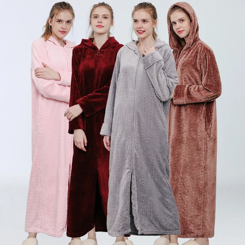 Women Extra Long Thermal Bathrobe Jacquard Flannel Winter Plus Size Pregnant Warm Bath Robe Zipper Dressing Gown Men Sleepwear