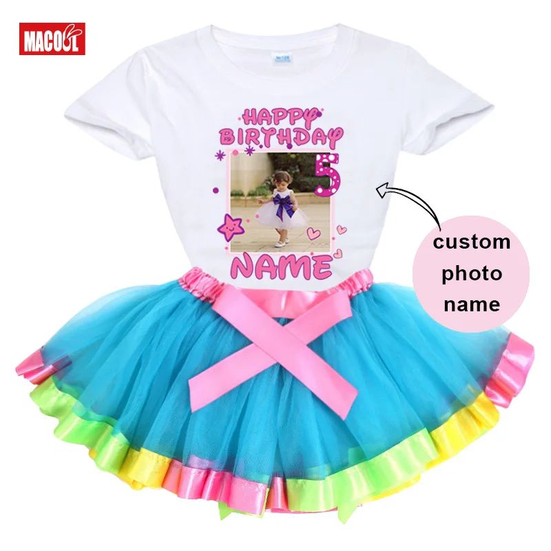 Girl Tutu Set Personalized T Shirt Photo Birthday Outfit Custom Name Shirt Girl Outfit Shirt Set Rainbow Kids Outfit Little Girl