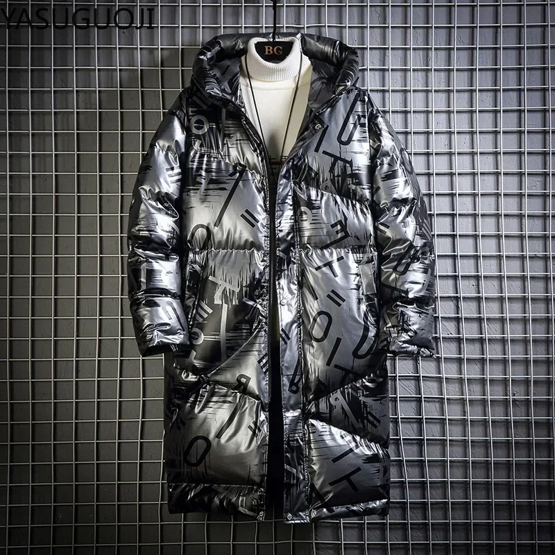 Yasugupra jaqueta masculina de inverno, jaqueta grossa quente de parka prateada, cor brilhante, longa com capuz, jaqueta de algodão plus size para homens