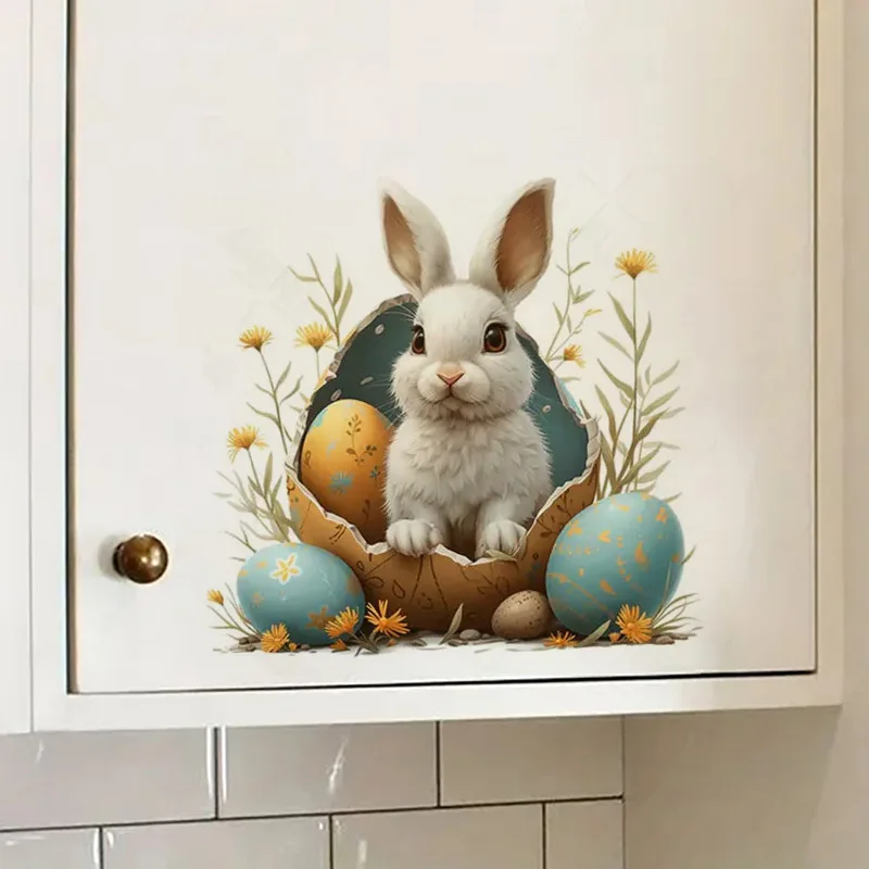 

Bunny & Eggs Watercolor Vinyl Decals, Self-Adhesive PVC Wall Stickers for Home & Office Decor, Suitable for Living Room, Bedroom