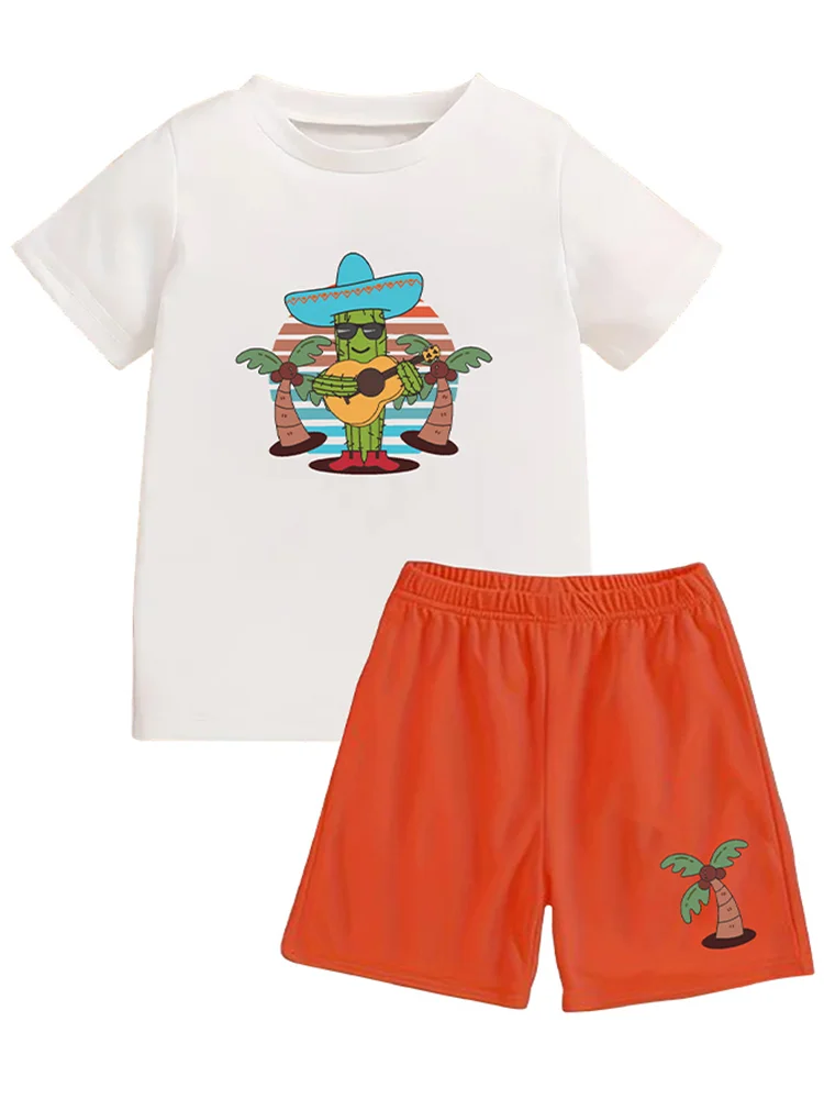 

2PCS Boys T-Shirt with Short Pant Casual Fashion Cartoon Pattern Short Sleeved Solid Color Shirt for Boys Kids Children 80-120cm