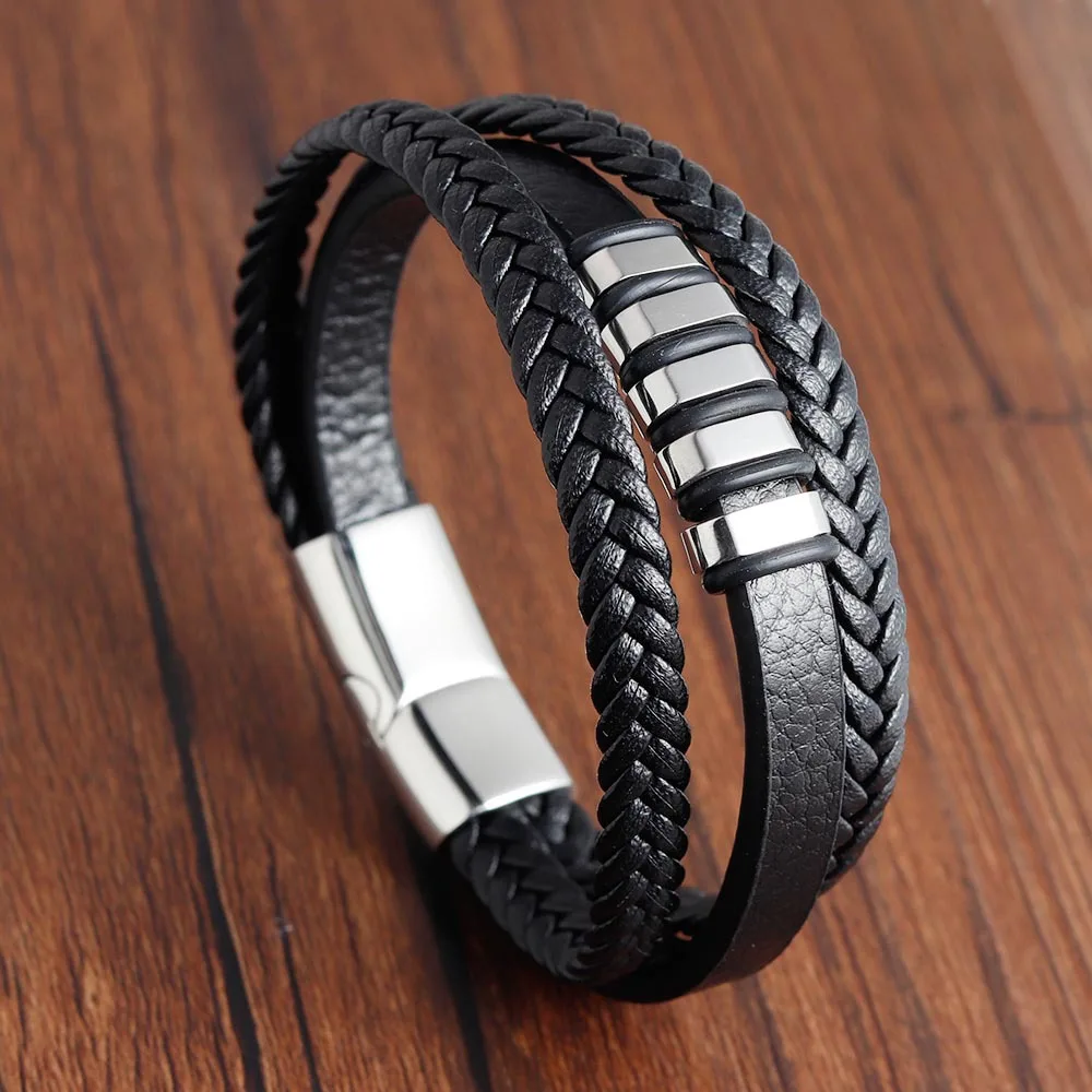 Retro Real Stainless Steel Jewelry 2024 Genuine Leather Bracelets Woven Accessories Wholesale