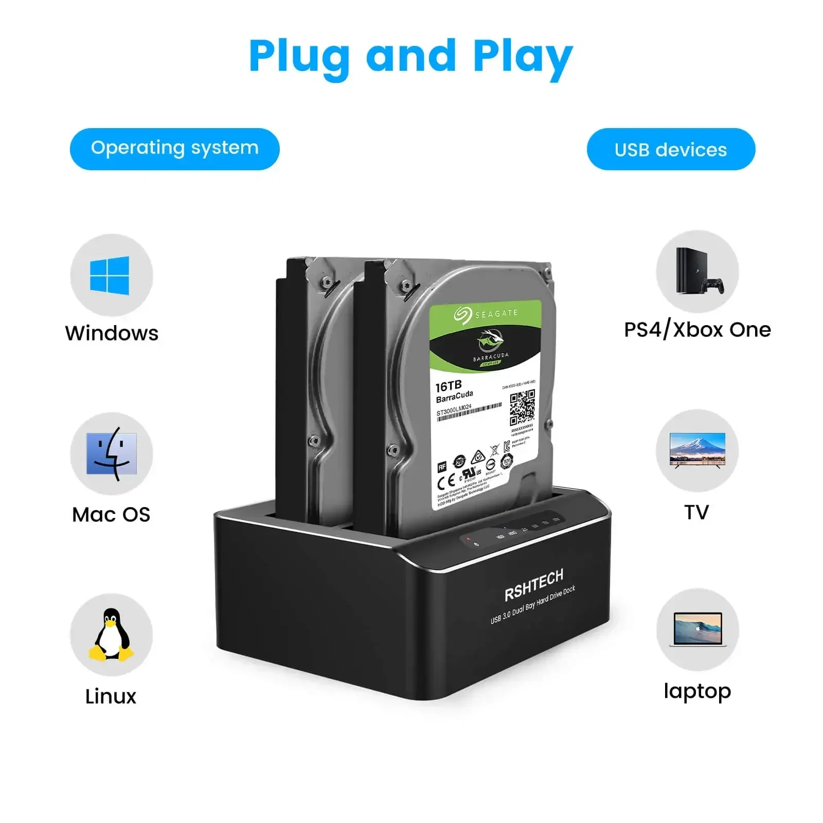 Imagem -04 - Hdd Docking Station Rshtech Sata para Usb 3.0 Gabinete de Disco Rígido Dual Bay Disco Ssd Case Hdd Box Dock 2.5 3.5