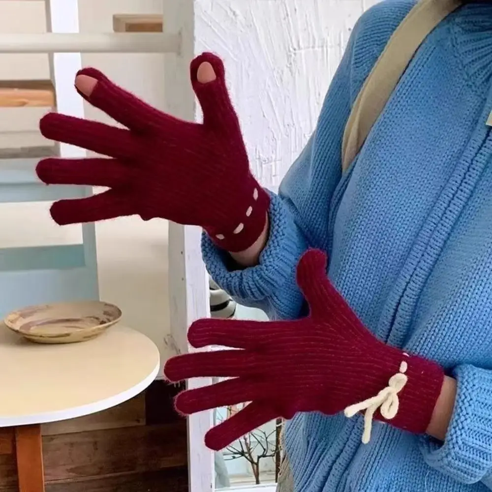 Durable Knitted Texture Wool bow knit gloves Solid Color Windproof Full Finger Mittens Thermal Riding Gloves Casual Wear