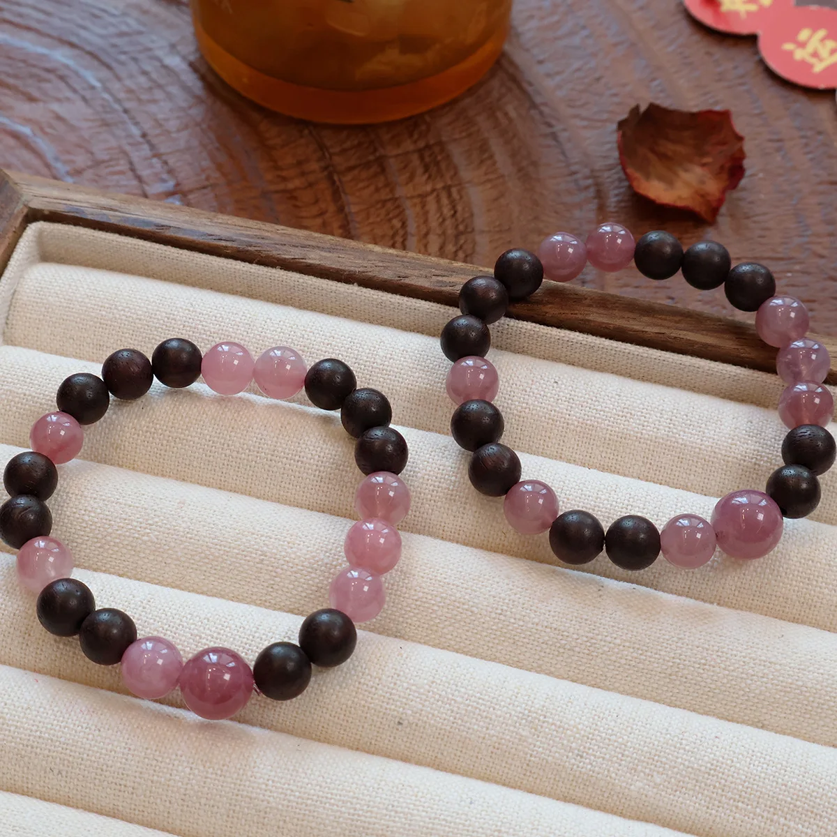 Natural Pink Rose Quartz & Agarwood Beaded Strand Bracelet for Women Simple Single Loop Stretch Vintage Bangle Friendship Gifts