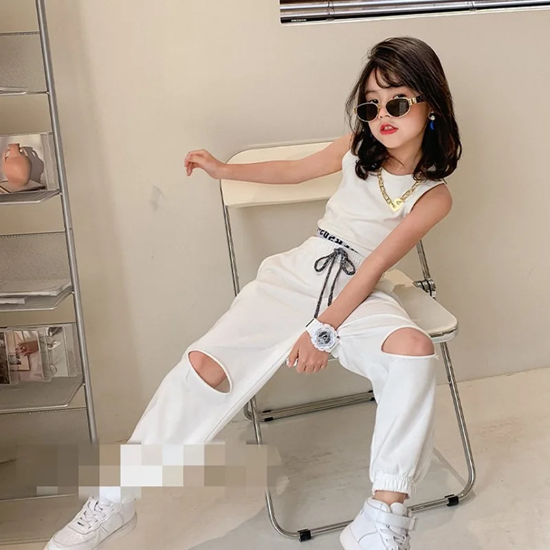2026 2026 Summer Fashion Baby Girls Cotton Sleeveless Slim t-Shirt Tops + Drawstring Ripped Pant Sets Kids 2 Pieces Outfits 2-8Y