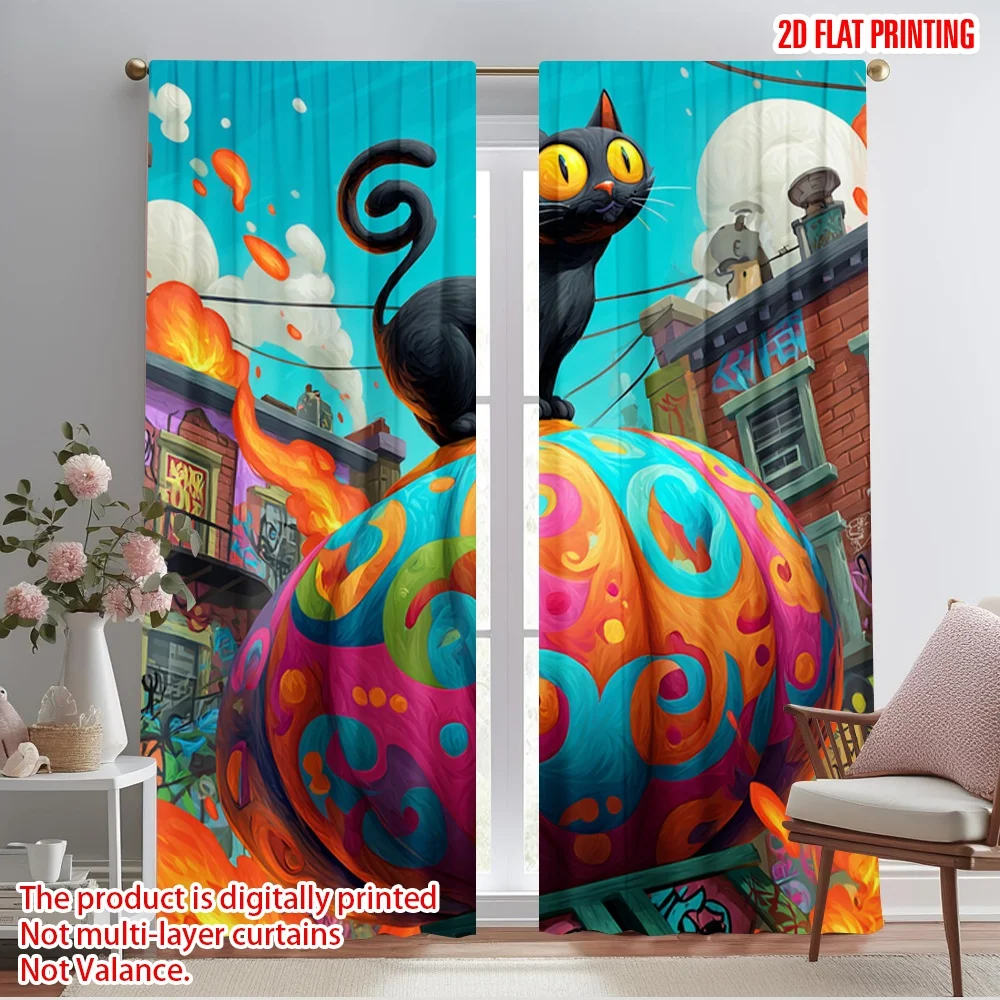 

2pcs 2D flat printing Drapes Black Cat Pumpkin Rocket Halloween Polyester Without Electricity 0 Perfect for Holiday Parties Home