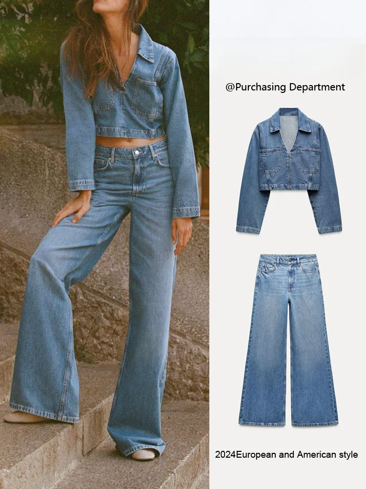 

New Autumn Women's Long Sve Collared Denim irt Casual Faion Set with Denim Jeans Turn-down Collar Classic Sle