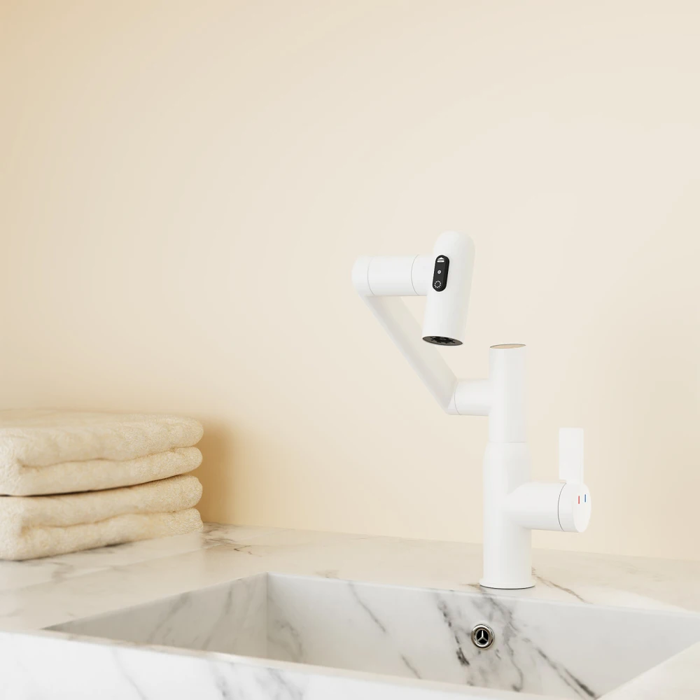 Bathroom White Sink Faucet with Spray Function and Temperature Display for Anti-Skid Switch and Hot & Cold and 360° Rotary