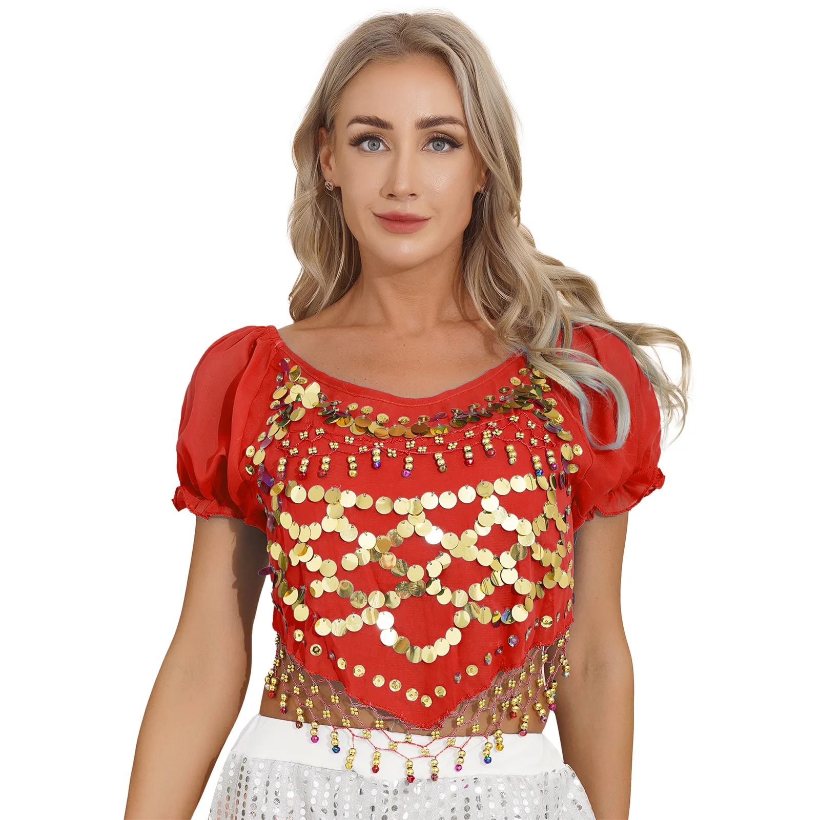 Womens Belly Dance Sequined Beaded Tops Short Puff Sleeve Irregular Hem Crop Top for Stage Performance Halloween Theme Party