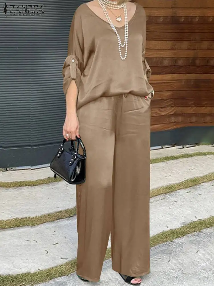 

ZANZEA Wide Leg Trouser Streetwear 2pcs Outfit Casual Commute Women V Neck Long Sleeve Blouse Pants Suits 2024 Fashion Pant Sets