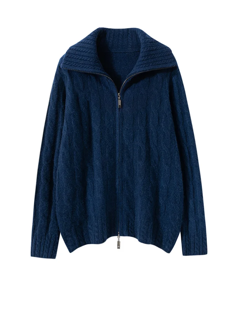 

Classic Women's Sweater Coat 100% Cashmere Turn-Down Collar Zip Cardigan Sweater Warm Autumn Winter Casual Korean Office Clothes