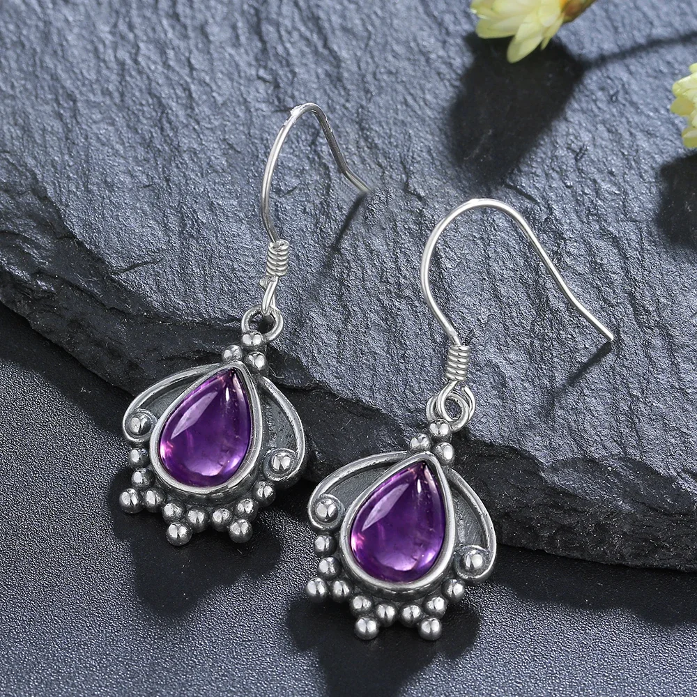 925 Sterling Silver Drop Earrings 7X9MM Natural Amethyst Charoite Vintage Jewelry for Women Party Anniversary Gift Wholesale