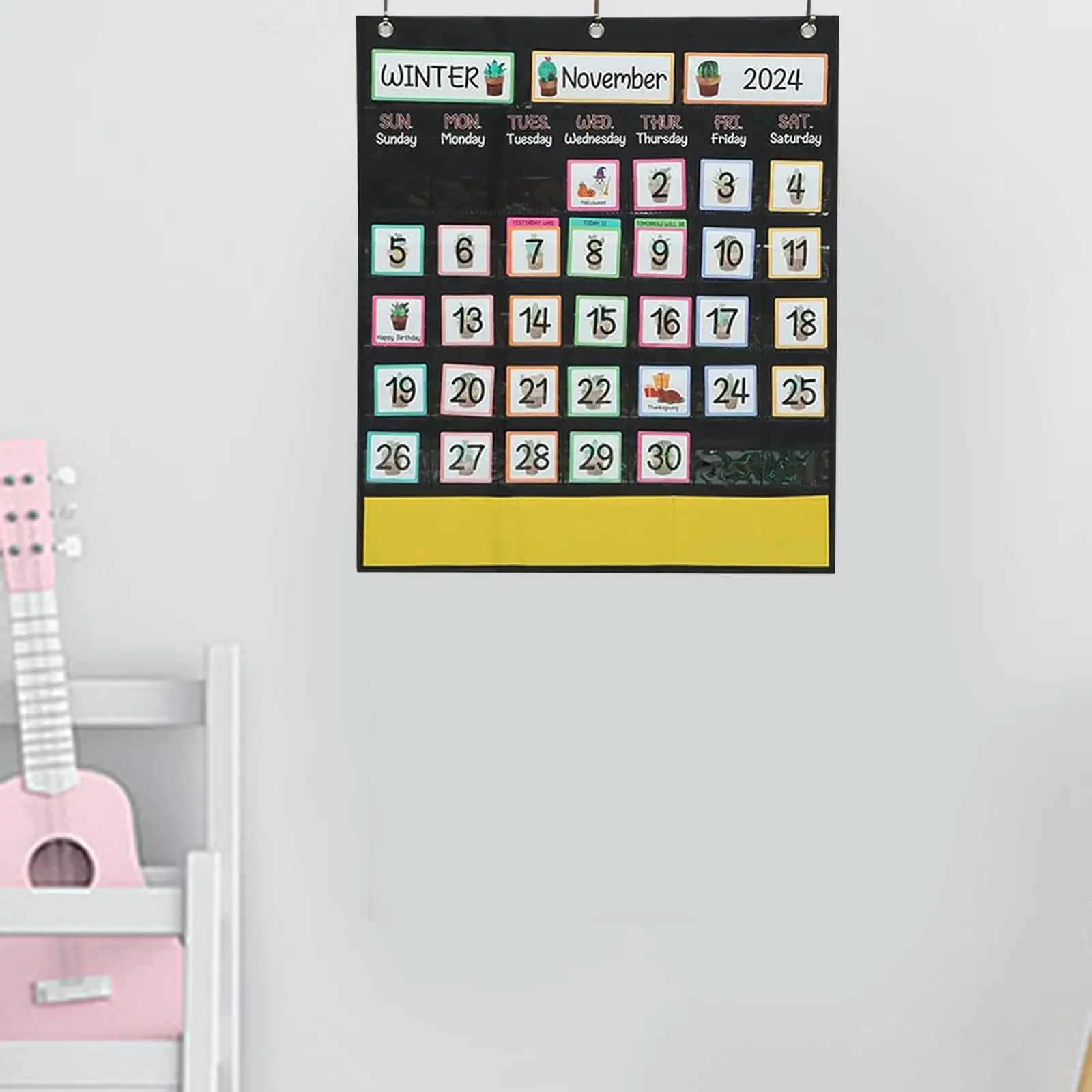 Calendar Pocket Chart Home Education with 89 Cards and 3 Hooks Wall Calendar