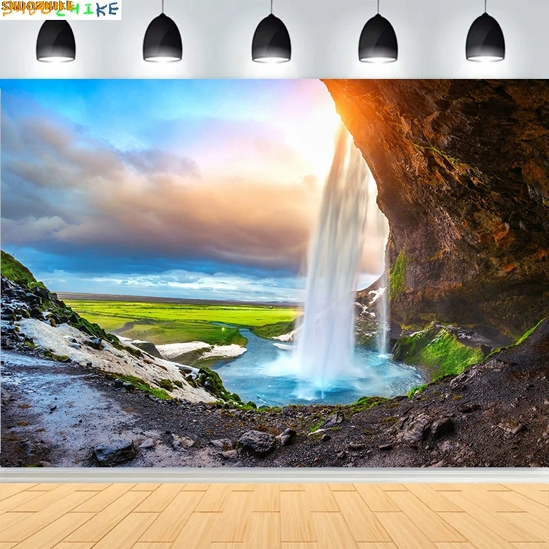 

Fresh Blue Natural Waterfall Beauty Lake Photography Backdrops Grass Landscape River Beach Park Cove Photo Background PB-08