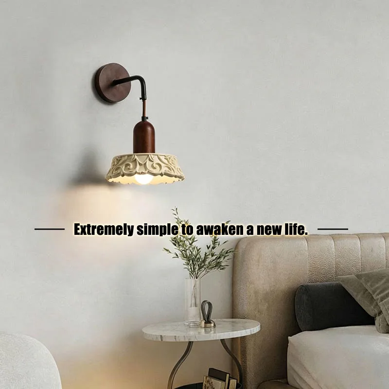 Wooden style wall lamp, modern bedroom headboard living room corridor household lamp environmentally friendly resin indoor light