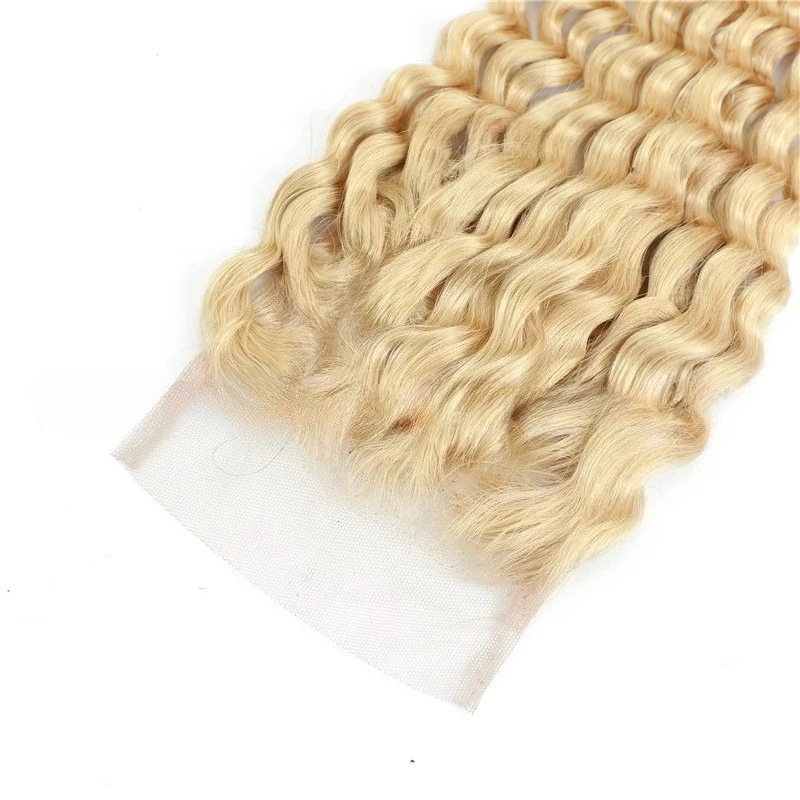 613 Deep Wave 4x4 Human Hair Blonde Closure Pre Plucked Brazilian Remy 4x4 Deep Wave Curly Human Hair Lace Closure