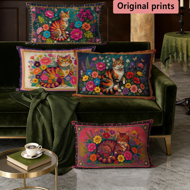 Floral Cat Vintage Rectangular Pillow Covers Suitable For Sofa Bedroom Car Pillow Cover Cushion Rectangular Back Cushion