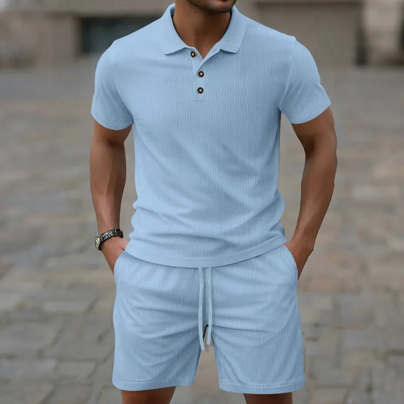 

Summer New European American Foreign Trade Casual Men's Wear Solid Color Jacquard Lapel Button Short-sleeved Short-shorts Set
