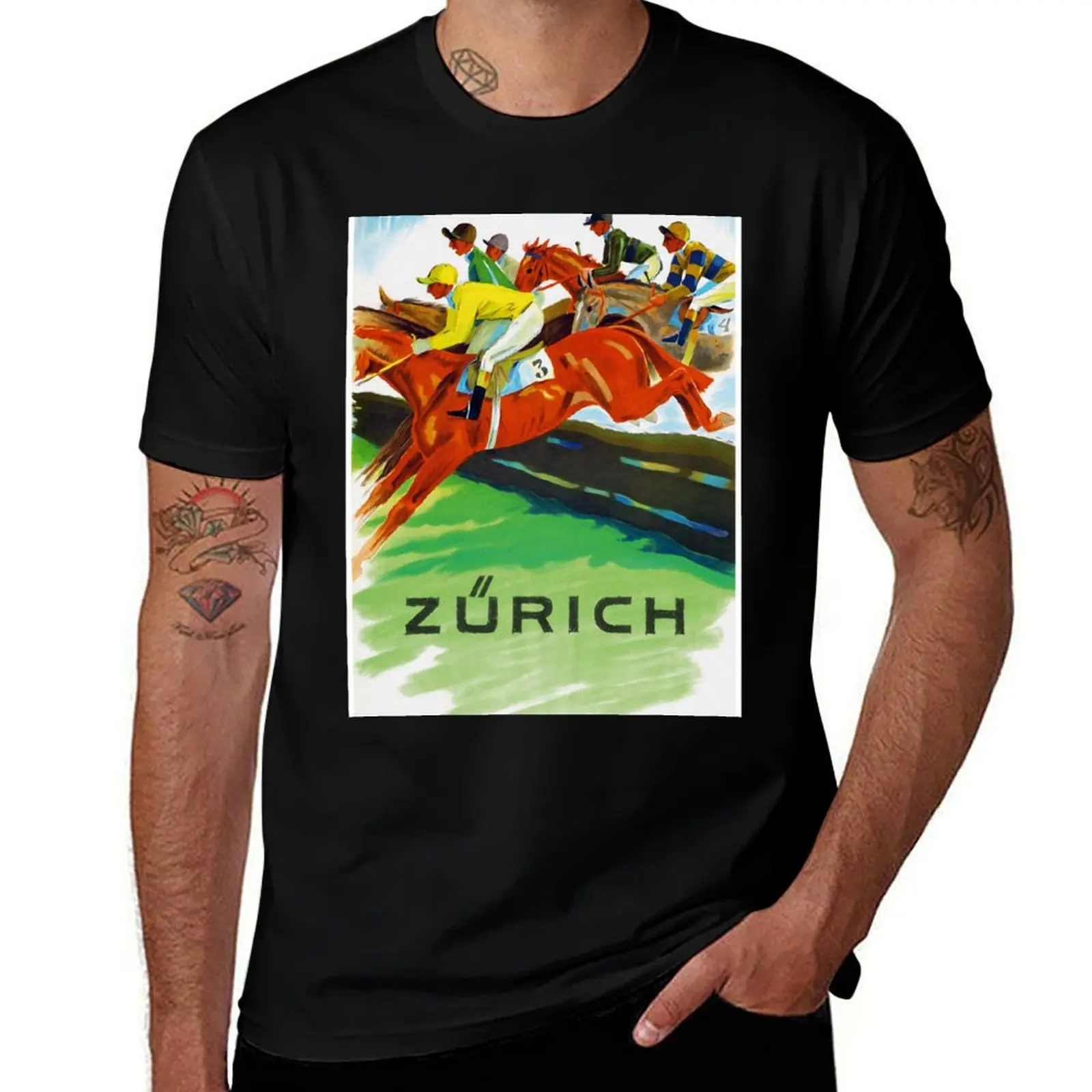 Vintage Swiss horse racing sport advert Switzerland T-Shirt Anti-Wrinkle Short Sleeve T-Shirt