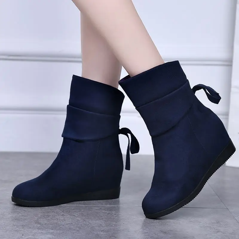 Mid Calf Blue Wedge Heel Round Toe Footwear Big Red Ladies Boots Half High Shoes for Women Winter 2024 Novelty Y2k Cosplay Hot