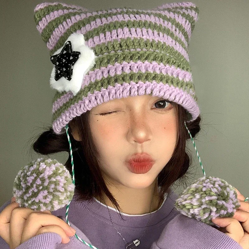 Handmade Beanies Hat Cute Five-star Streetwear Cat Ear Striped Devil Winter Warm Pullover Knitted Cap Pompom Bonnets for Women