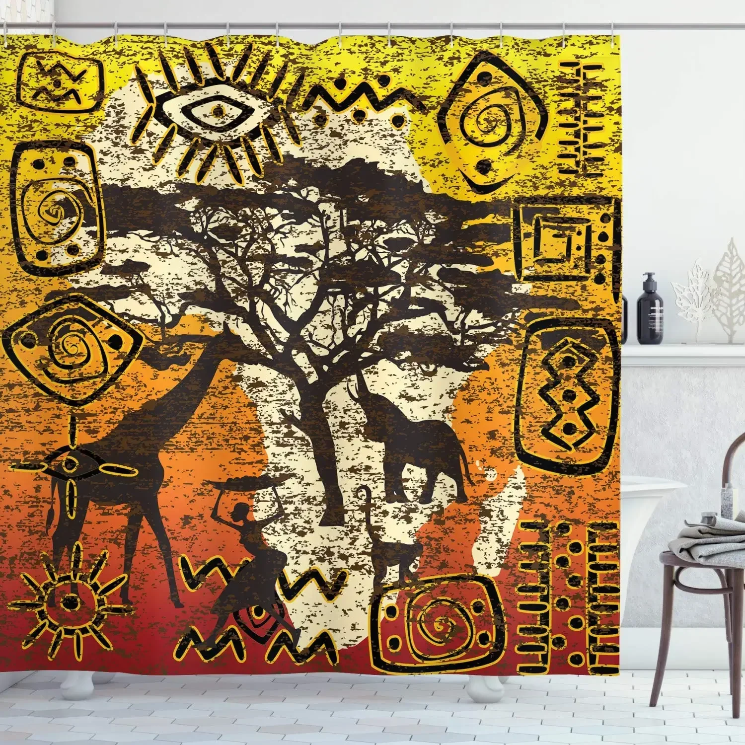 African Animals in Safari Theme Ancient Cultral Ethnic Art Grunge Style Bohemian House Decor Shower Curtain