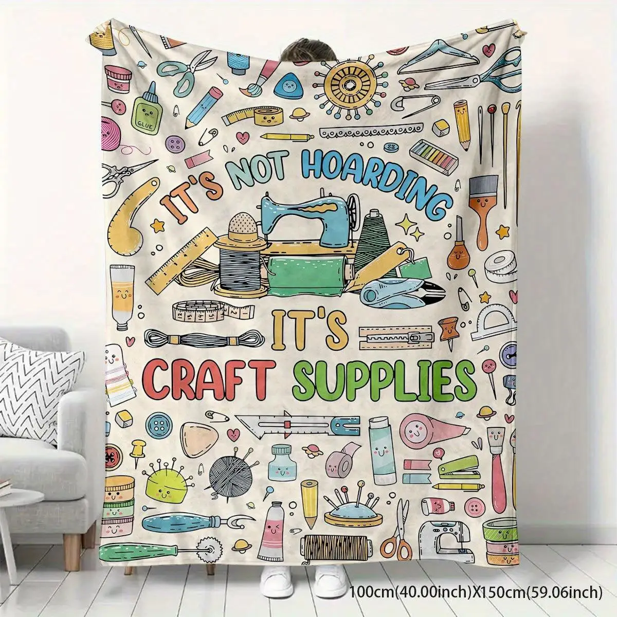 Whimsical Craft Supplies Pattern Blanket Throw for Home Decor Cozy Artist Gift DIY Hobby Room Decor Tapestry Unique Art Print