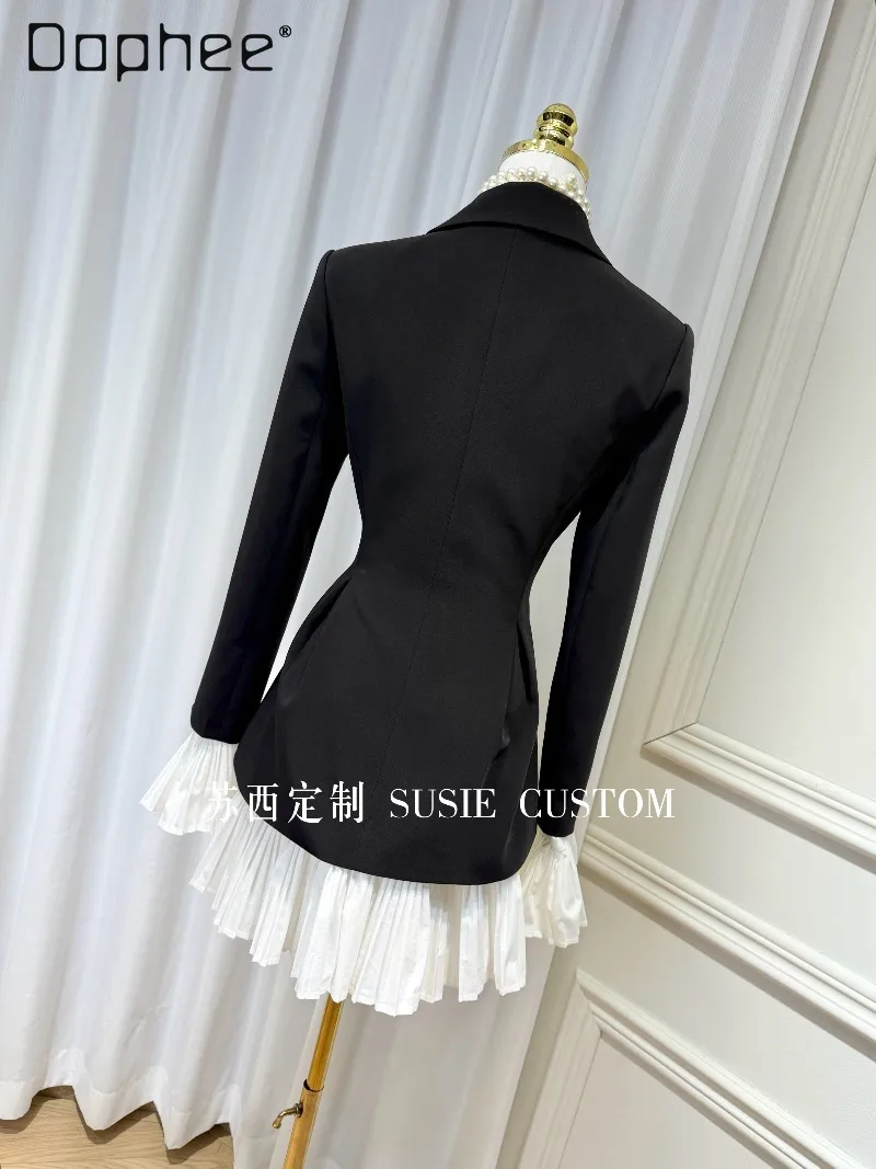 French Elegant Socialite Blazer Hepburn Style Fashion Ruffled Trim Patchwork Long Sleeve Cross Collar Slim Mid-Length Blazer