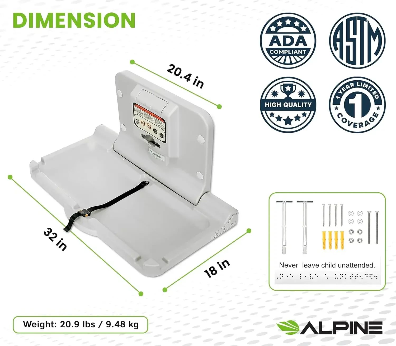 Wall Mounted Baby Changing Station Horizontal Baby Changing Table Foldable Diaper Tables with Safety Strap