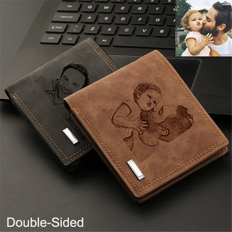 CEXIKA Imagen navideña personalizada Texto Regalo del día del padre Cartera Hombres Foto grabada Regalo de aniversario de Navidad personalizado para él