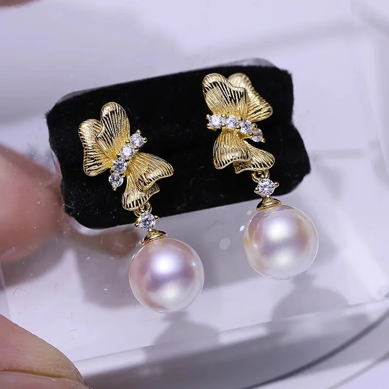 

MeiBaPJ 8mm Natural Nearround Pearls Fashion Butterfly Drop Earrings 925 Silver Fine Wedding Jewelry for Women