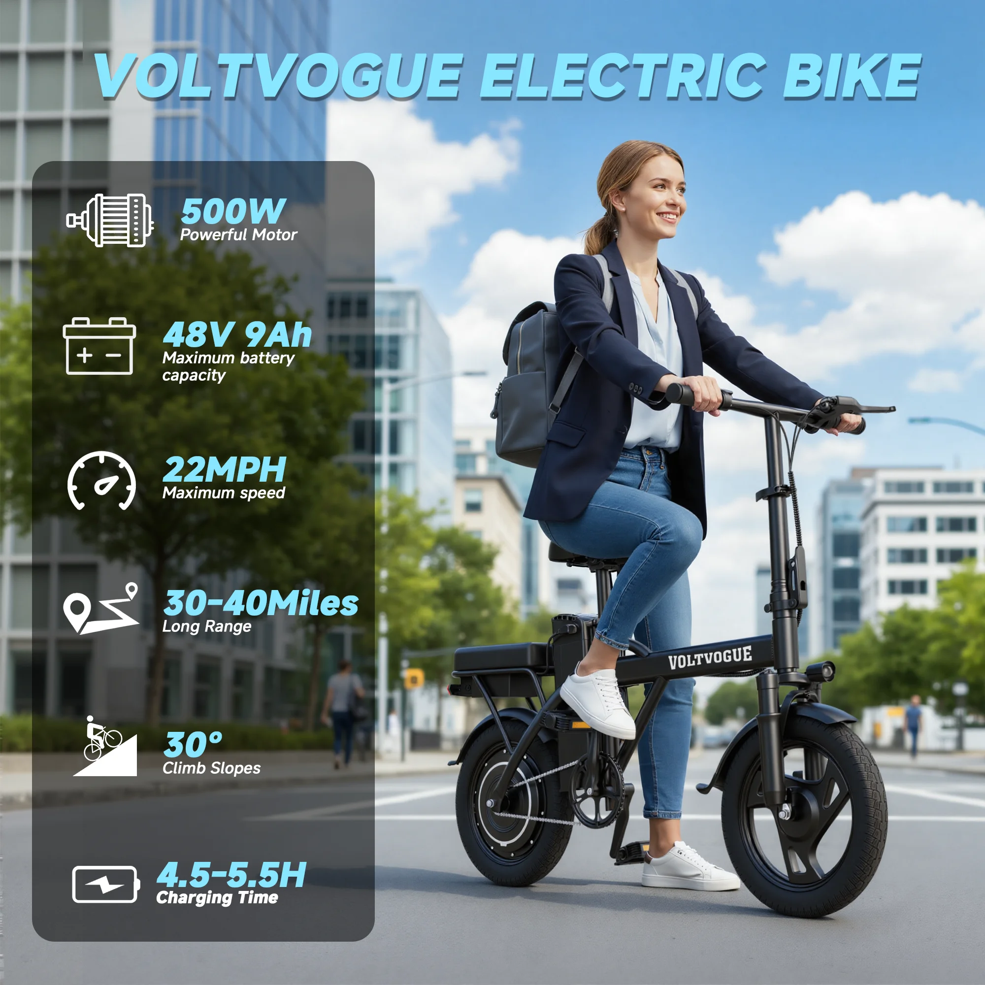 Bicicleta Eléctrica Plegable de 500W 48V 9Ah, 22MPH 40 Millas, 14 Pulgadas, Todoterreno, para Adultos, con Suspensión, Entrega Rápida de 3-7 Días, 365 Días de Garantía, Ideal para Viajes Diarios, Disponible en la UE 4