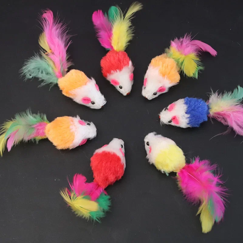 1PC Cute Mini Soft Fleece False Mouse Cat Toys Colorful Feather Funny Playing Training Toys For Cats Kitten Puppy Pet Supplies