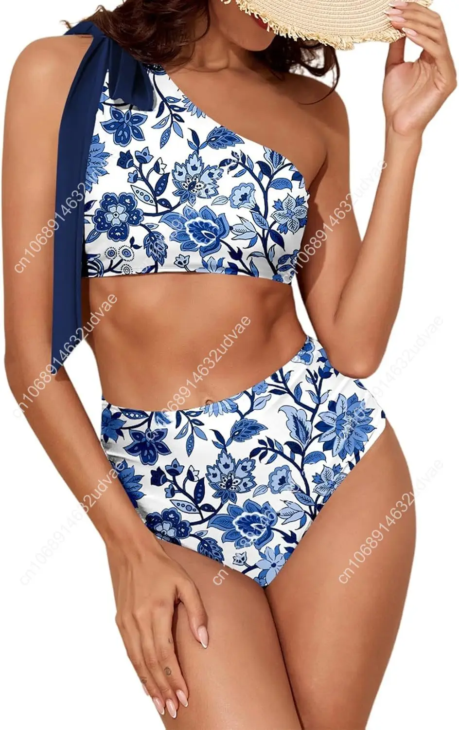 Women's One Bow Shoulder Bikini Sets 2 Piece Ruched Swimsuit Elegant Bathing Suit