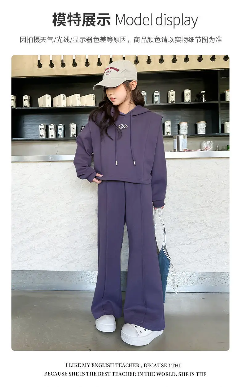 ZOETOPKID Mädchen-Set aus stilvollem Baumwoll-Crop-Sweatshirt mit Kapuze und lockerer Hose, 2-teiliger Trainingsanzug für Schulkinder, Kinder-Outfits – Detail 3