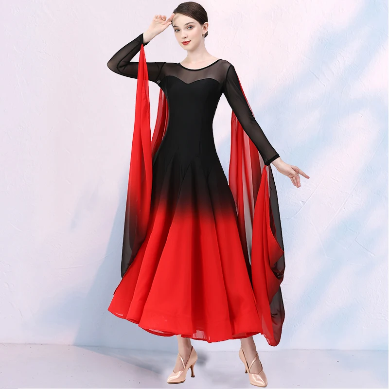 Vestido de dança de salão com mangas flutuantes, vestido valsa, trajes de dança modernos, vestido gradiente, preto e vermelho