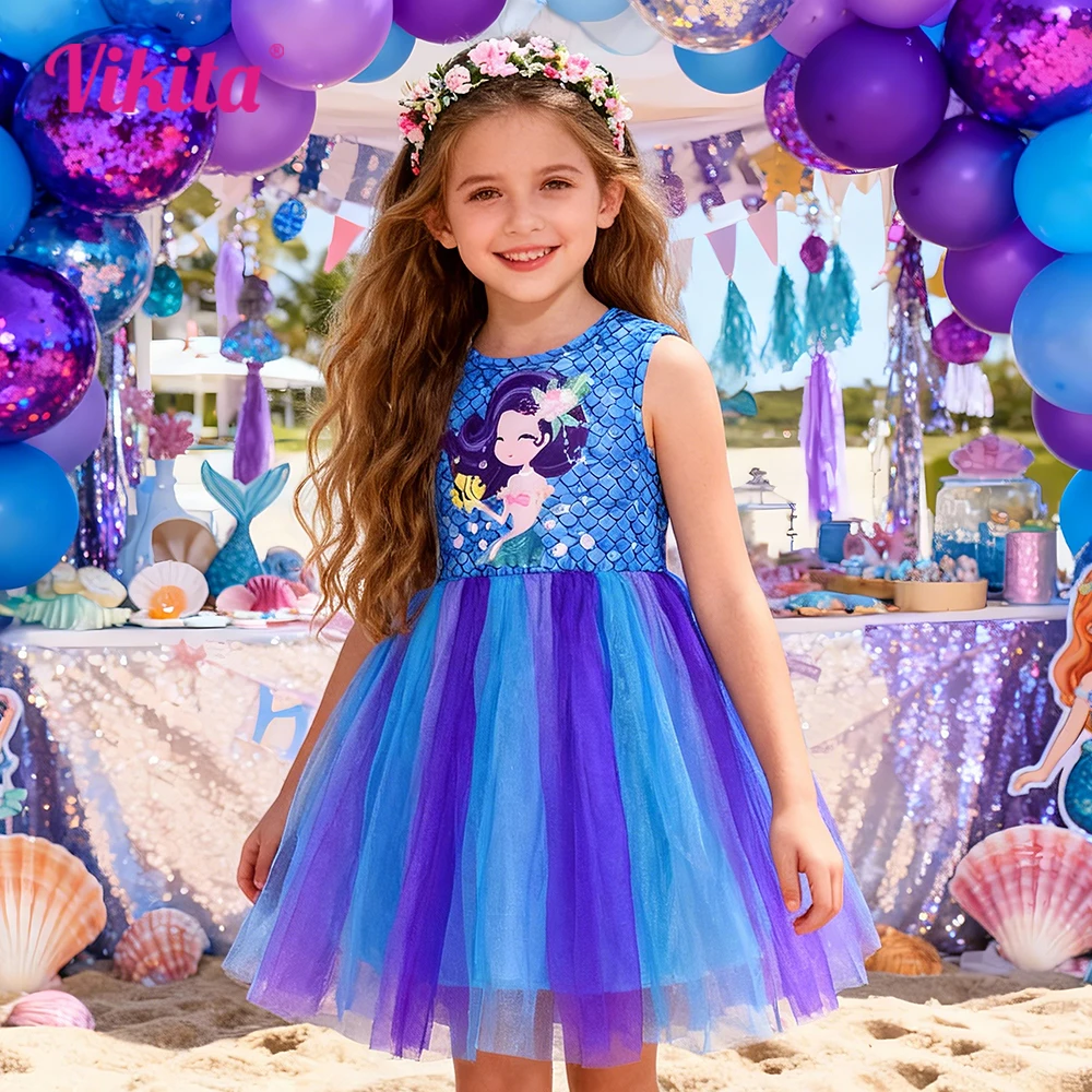 VIKITA Mädchen-Kleid mit Meerjungfrauenschuppen-Print, ärmellos, für den Sommer, Cartoon-Motiv, Blau, Lila, Ombre-Tüll, Prinzessin, Party, Strand, Freizeitkleider