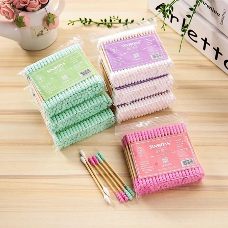 

Sdattor 100pcs/bag Double Head Cotton Swabs Women Makeup Disposable Cotton Buds Nose Ears Cleaning Wood Cotton Swabs