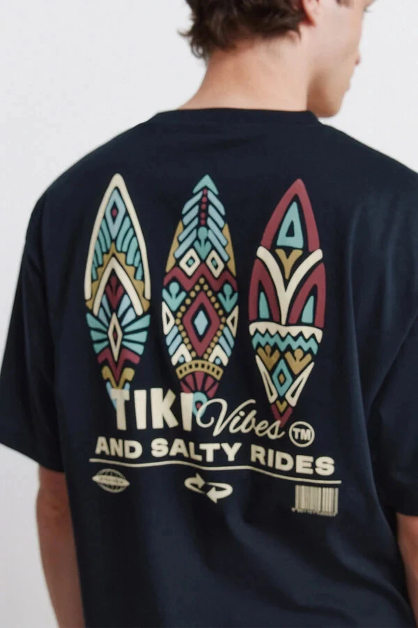 Men T-shirt Tiki Vibes and Salty Rides Surfboard Graphic T Shirt Vintage Tribal Print Short Sleeve Tees Summer Casual Oversized