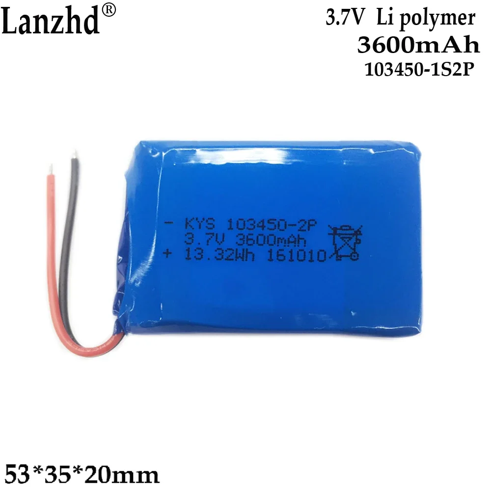 3.7V polymer lithium battery pack For Beauty instrument Medical equipment Massager Rechargeable lithium battery 103450-2P 3600mA