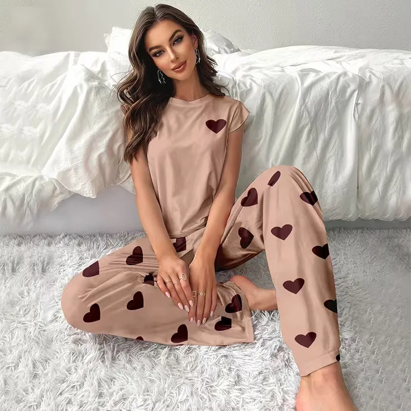 European and American Milk Silk New Xiaofei Sleeves Women's Loungewear Printing Solid Color Thin Pajama Set Can Be Worn Outside