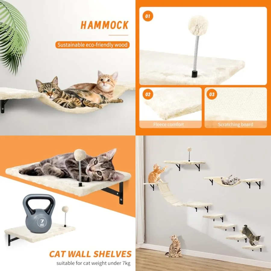 

Wall-Mounted Cat Climber Set with Climbing Shelves, Perches, Bridge, Hammock, Scratching Board and Ball - 7 Pcs Wood Indoor Cat