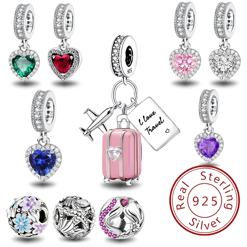 Maleta de Plata de Ley 925 con cuentas de corazón de amor y animales, cadena de seguridad compatible con pulsera Pandora, cuentas para mujer, joyería DIY