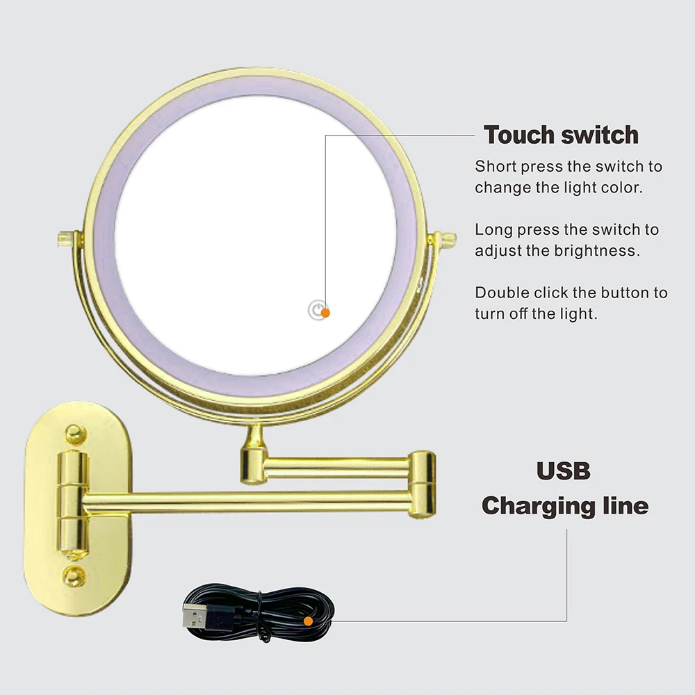 

8 inch Makeup Mirror Golden 3x/5x/7x/10x Magnifying Double Side USB Charging Bathroom 3 color light Smart Cosmetic Mirrors
