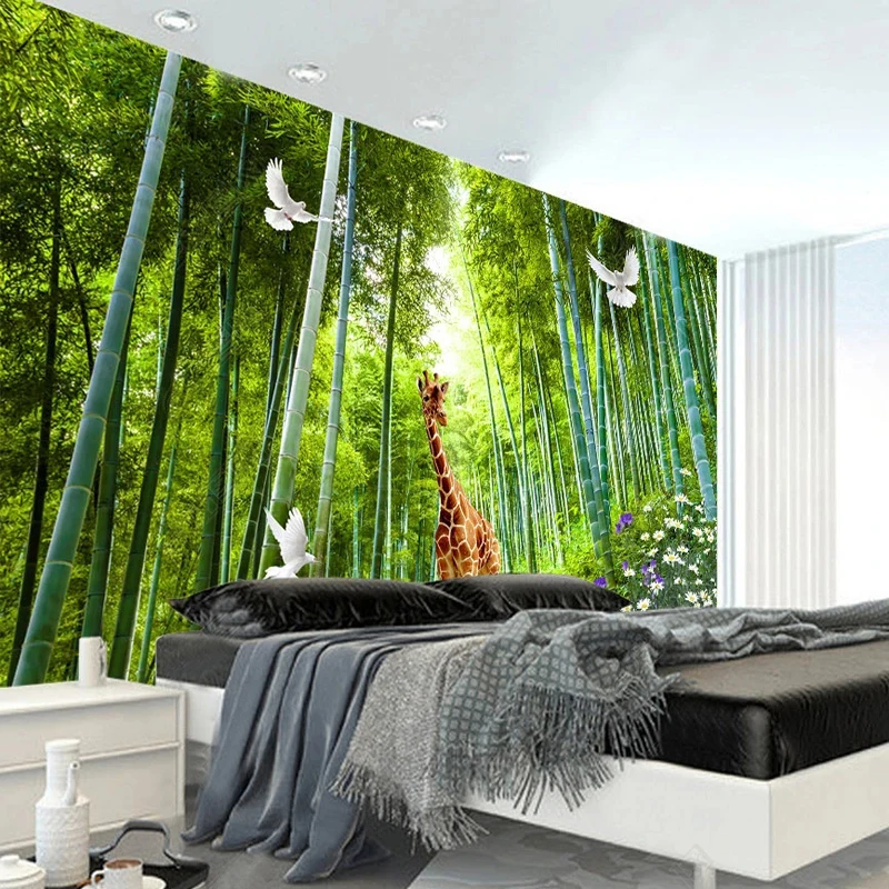 

Custom Photo Wallpaper 3D Green Fresh Bamboo Path Sika Deer Murals Living Room TV Nature Landscape Wall Cloth Papel De Parede 3D