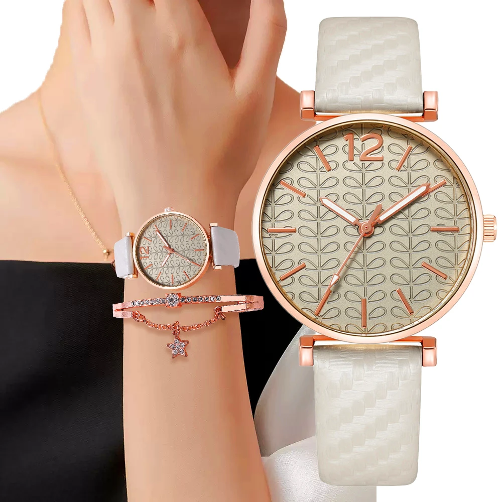 Simple 2 Piece Set Women 2023 Brands Quartz Watches Fashion Scale Design Ladies Watch Luxury Beige Leather Gift Clock