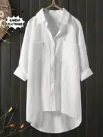 Blusas elegantes y juveniles para mujer, camisa informal de algodón y lino para el hogar, camisa de manga larga con un solo pecho para ir al trabajo